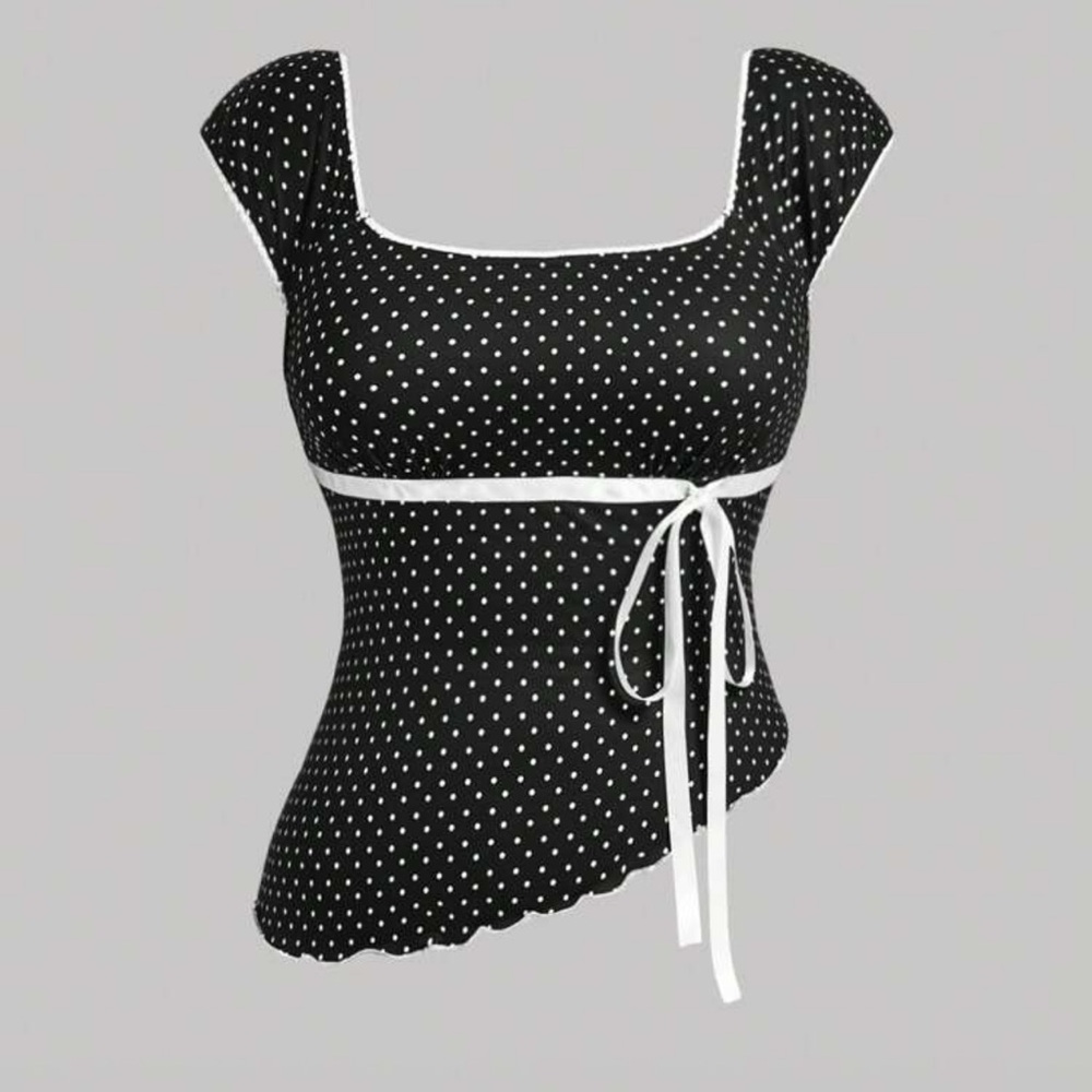 SHEIN Retro Black & White Polka Dot Asymmetric Hem Bowknot Women Tank Top